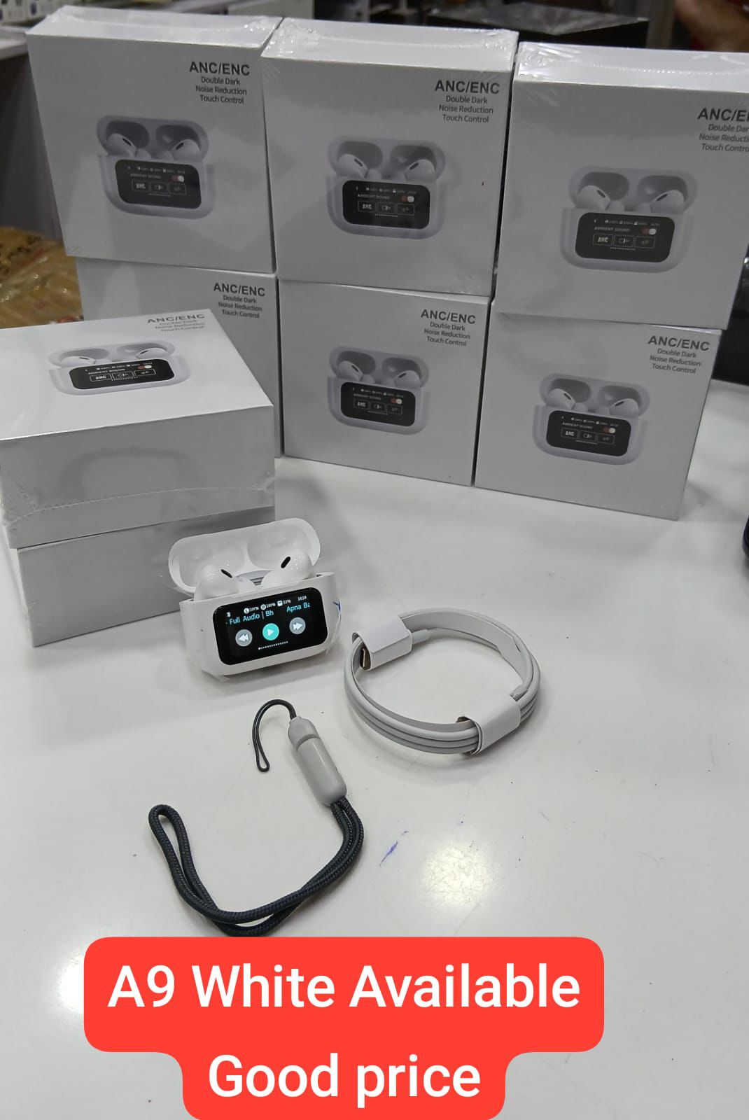 A9 Pro (White) Wireless AirPods with Display & Active Noise Cancellation (ANC)